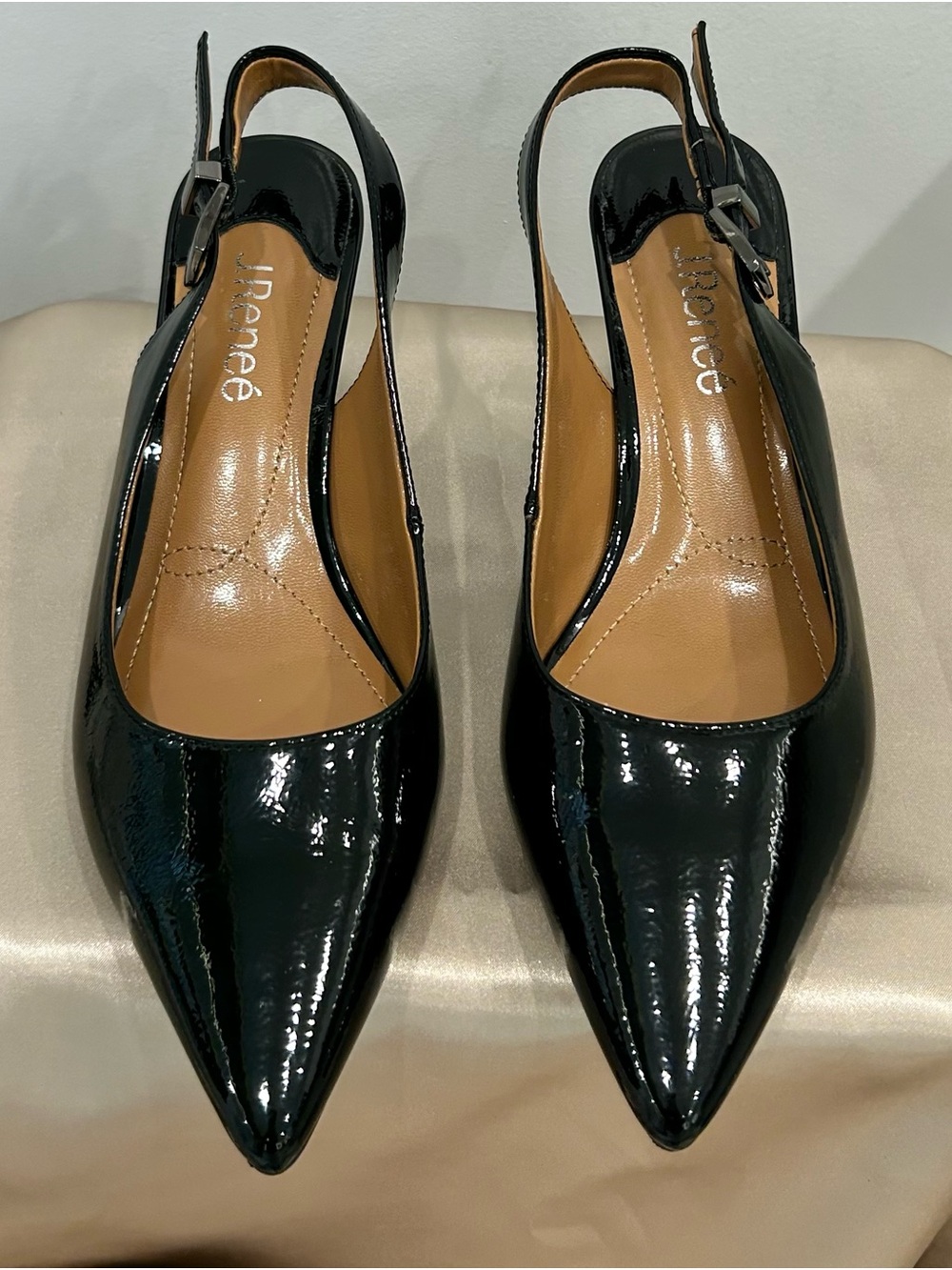 J.Renee Black Patent Pointed-Toe Slingback Flats
